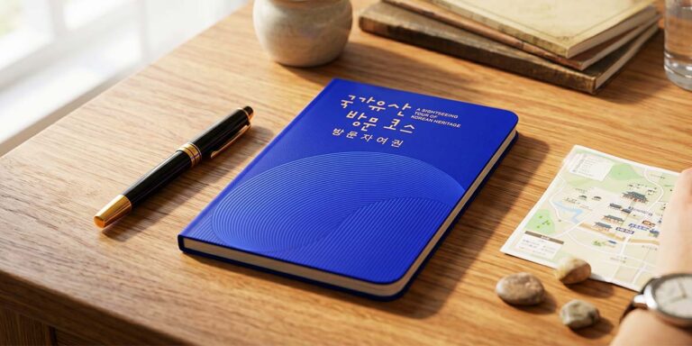 국가유산청-방문자-여권-책상-볼펜-햇살